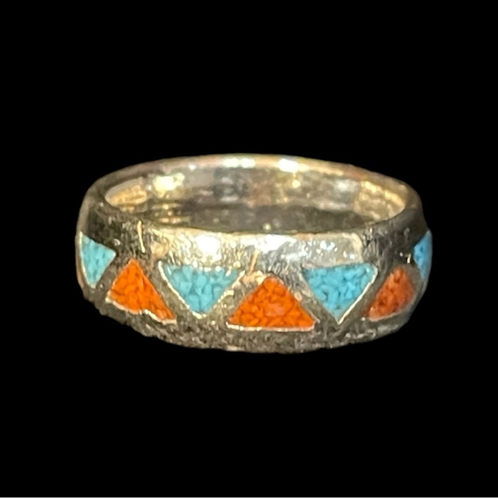 Navajo Sterling Silver Triangle Turquoise, and Red Coral Ring Size 7